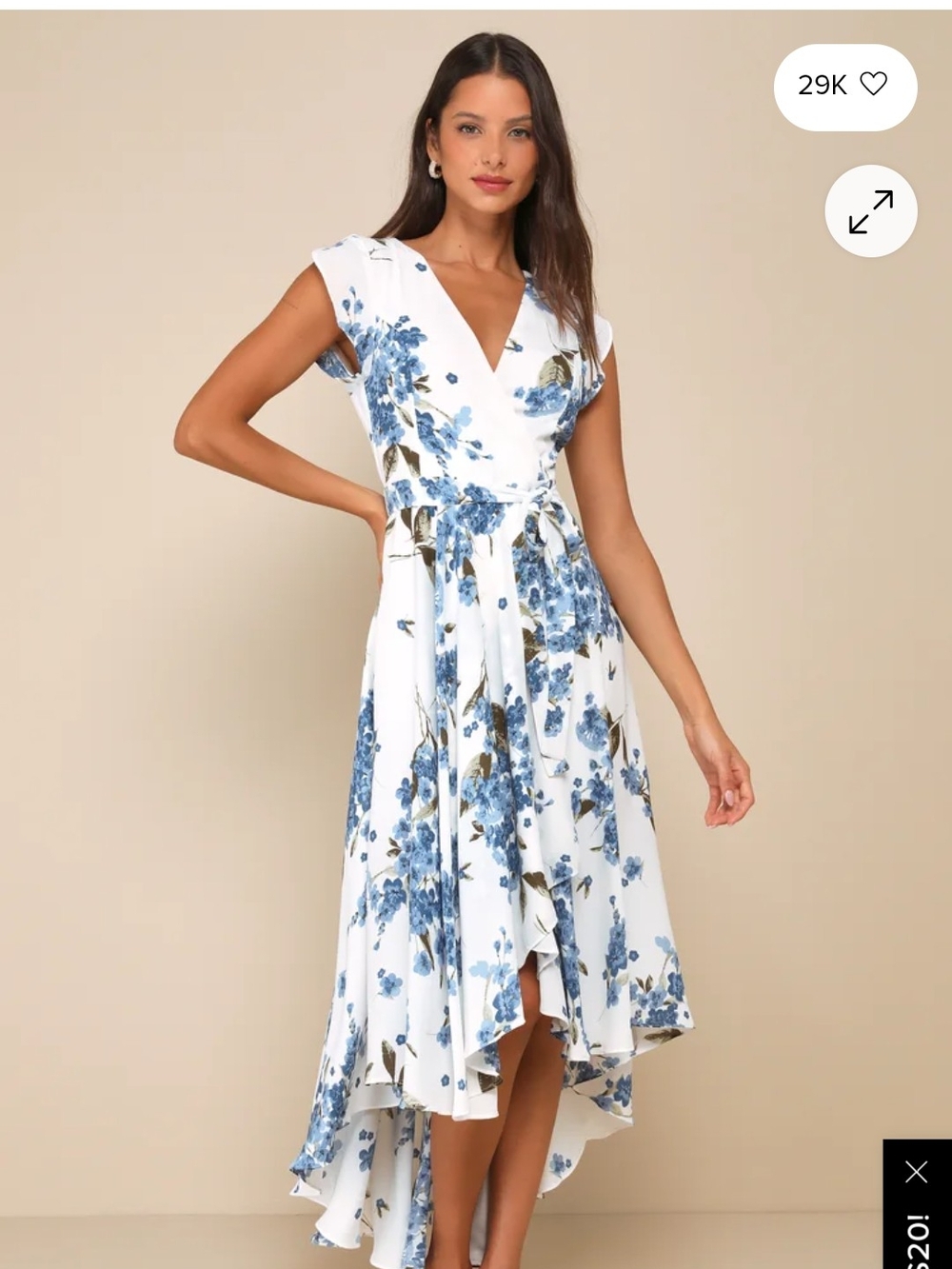 Lulu's White Dress with Blue Floral Print - V-Neck High-Low
